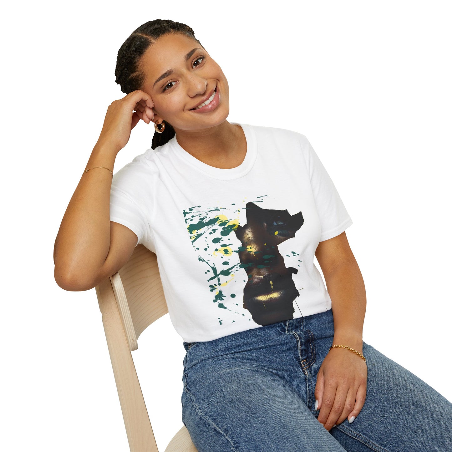 Afrofuturist Paint Splatter Face T-Shirt – Bold Black Art Tee, Drip Paint Portrait Shirt, Modern Abstract Expression Tee