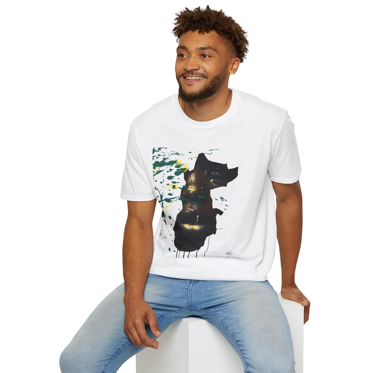 Afrofuturist Paint Splatter Face T-Shirt – Bold Black Art Tee, Drip Paint Portrait Shirt, Modern Abstract Expression Tee